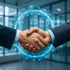 Successful business partnership agreement sealed with a handshake. A glowing blue digital network symbolizes technology and innovation.