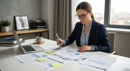 Professional businesswoman analyzing financial reports at her desk. Ideal for illustrating finance, business strategy, and data analysis concepts. Revenue Cycle Management in Healthcare.