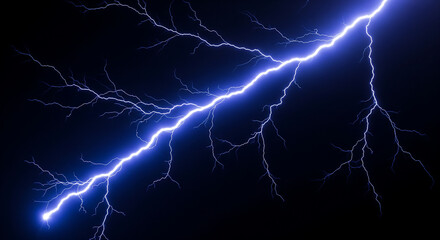 Bright blue lightning strike across a dark night sky with glowing branches and sparks