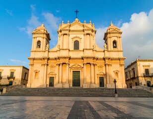 Facade of a cathedral, sunlit steps
