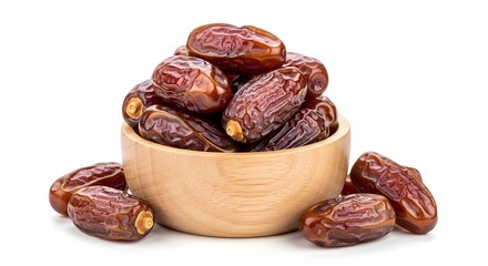 Sweet dried dates in a wooden bowl are a healthy and delicious vegetarian snack