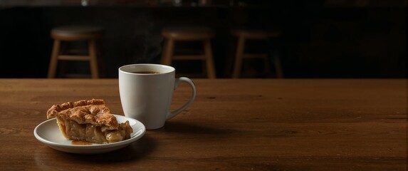 Obraz premium Cozy Café Moment: An inviting still life showcases a freshly baked pie slice, beside a warm, steaming cup of coffee, all resting on a rustic wooden table. It's a snapshot of comfort and tranquility.