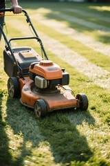 Lawn mower in a domestic garden
