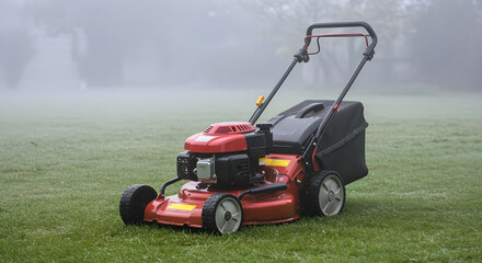 Lawn mower in a domestic garden