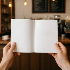 POV holding open a black magazine or book mockup with copy space