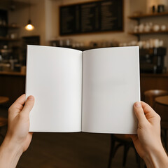 POV holding open a black magazine or book mockup with copy space