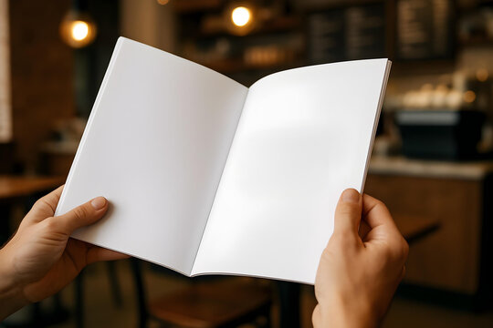 Holding open a black magazine or book mockup with copy space