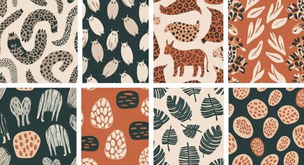 A vibrant collection of eight distinct, repeating patterns featuring stylized abstract shapes, whimsical animal illustrations, and organic botanical elements...