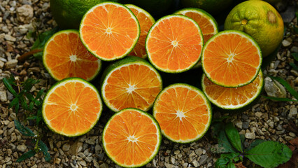 A halved mandarin orange with beautiful yellow flesh.