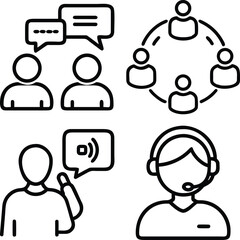 A collection of four simple line art icons representing communication, teamwork, customer service, and discussion, suitable for digital interfaces.
