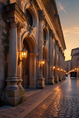 Fototapeta premium Romantic European Street at Sunset Elegant Architecture and Glowing Lanterns Create a Timeless Scene