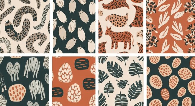 A vibrant collection of eight distinct, repeating patterns featuring stylized abstract shapes, whimsical animal illustrations, and organic botanical elements...