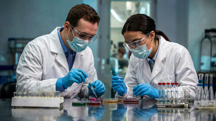 Researchers examining bacteria culture in Petri dish in a sterile lab, concept of disease detection