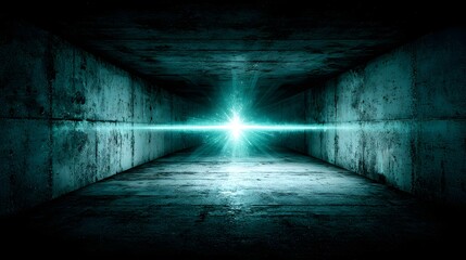 Obraz premium Teal light illuminates a concrete tunnel.
