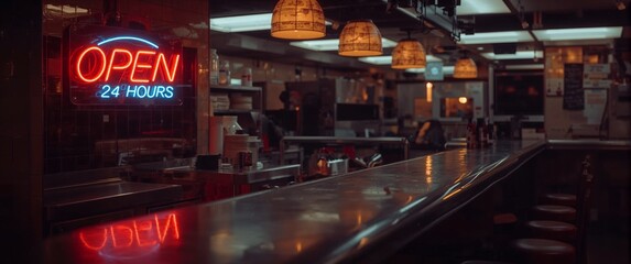 Neon Diner: A classic diner interior with neon Open 24 Hours sign reflects the vintage charm of the location. Warm inviting atmosphere with a hint of retro feel.