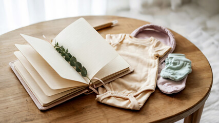 A wooden table with baby items, a notebook and a journal with a message about the baby's arrival, concept of pregnancy