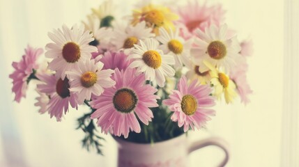 Obraz premium Fresh daisy bouquet in a ceramic vase bathed in morning light, with a soft pastel palette and bokeh background.