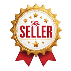 Gold Badge with Red Ribbon and Stars Representing Top Seller Achievement in a Professional Design
