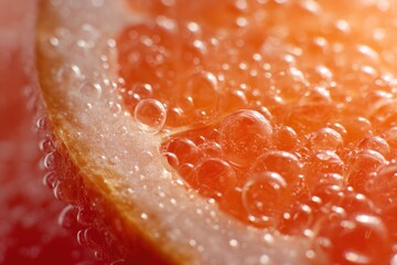 Grapefruit slice with water droplets, refreshing citrus fruit close-up