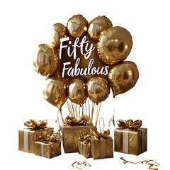 A realistic studio photo of "Fifty and Fabulous" metallic balloon setup with mini gifts and golden streamers - isolated on a white background