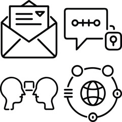 Four distinct icons representing email, secure messaging, interpersonal communication, and global networking in a clean, line-art style.