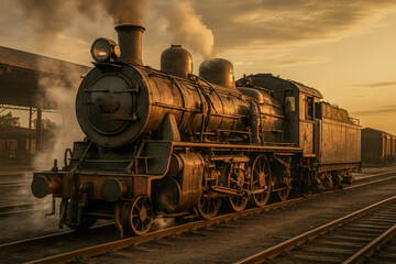 Fototapeta premium Steam locomotive glowing in the golden light of sunset at an old railway station, symbolizing the era of industrial labor, transportation, and the working-class backbone that helped build America