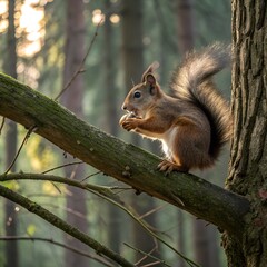 Fototapeta premium Curious squirrel perched on a tree branch enjoying a snack in a sunlit forest
