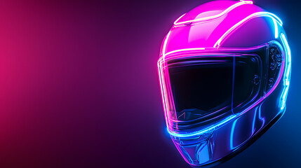Fototapeta premium Vibrant motorcycle helmet illuminated with neon lights, showcasing sleek design and modern aesthetics. colorful glow creates dynamic atmosphere