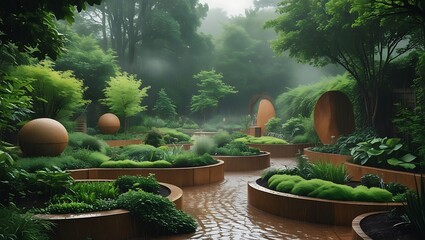 Rainy Day in a Verdant Garden Sculptures Spheres and Lush Greenery Enhance Tranquil and Mystical Outdoor Space Design