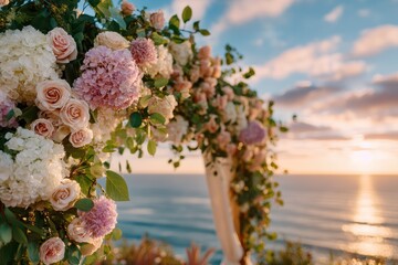Elegant floral arch adorned with pastel roses and hydrangeas against a breathtaking sunset over the ocean, perfect for weddings and romantic events by the coast