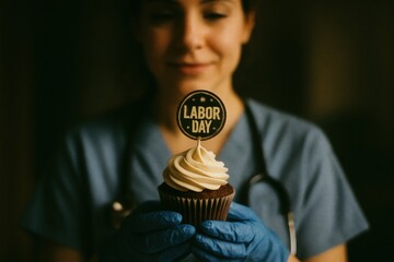 Healthcare worker in blue scrubs and gloves holding a Labor Day cupcake with decorative topper, symbolizing appreciation for frontline workers and honoring their role in American labor culture
