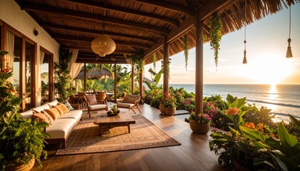 Tropical villa veranda overlooking the ocean at sunset with wooden furniture and lush greenery. Ideal for travel, vacation rental, and exotic getaway advertising