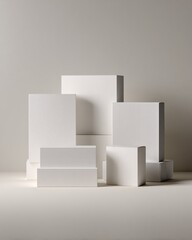 Fototapeta premium multiple blank white packaging boxes in different sizes on a seamless neutral backdrop, premium mockup composition.