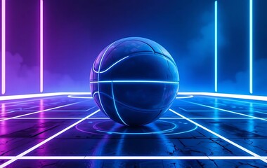 a futuristic glowing basketball on a neon-lit cyberpunk court, blue and purple gradient background, metallic floor with glowing lines, high contrast lighting, sci-fi atmosphere, minimal futuristic 