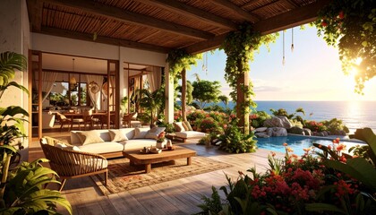 Tropical villa veranda overlooking the ocean at sunset with wooden furniture and lush greenery. Ideal for travel, vacation rental, and exotic getaway advertising