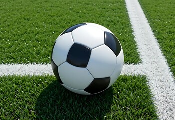 Fototapeta premium 3D rendered scene of a classic soccer ball on a striped green football pitch, detailed grass texture, clean white sideline, top camera angle, soft shadows, realistic lighting, ultra high resolution