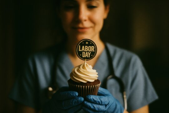 Healthcare worker in blue scrubs and gloves holding a Labor Day cupcake with decorative topper, symbolizing appreciation for frontline workers and honoring their role in American labor culture