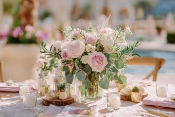 Elegant Floral Arrangement on Table Setting for Outdoor Event with Soft Lighting and Beautiful Background of Pool and Flowers, Perfect for Weddings or Celebrations