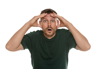 Fototapeta premium Man suffering from panic attack on white background