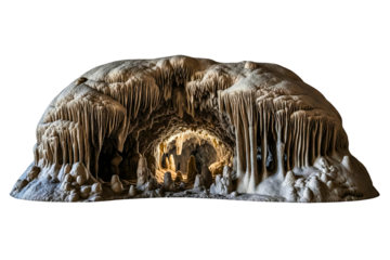 Large cavern entrance with many stalactites and stalagmites isolated on a transparent background