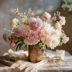 Obraz premium Elegant floral arrangement with peonies, roses, and delicate blossoms in a rustic vase, capturing the beauty of spring and natural light for wedding decor or home styling