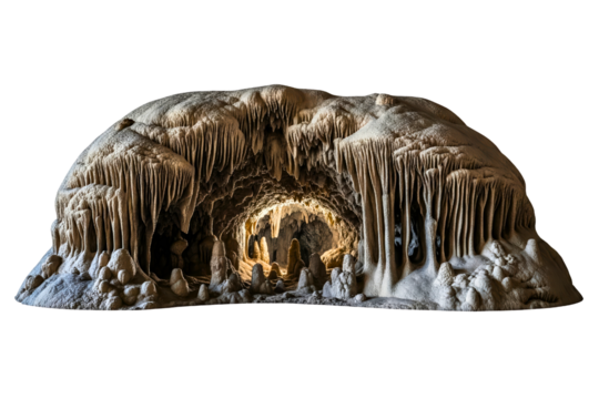 Large cavern entrance with many stalactites and stalagmites isolated on a transparent background