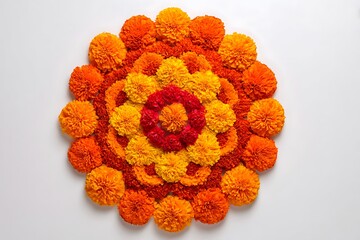 Floral rangoli made of marigold flowers on a white background