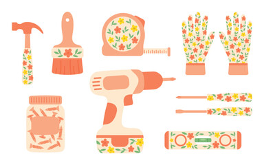 Floral DIY tools for women – pastel hand tools set with screws, electric drill, gloves, hammer, screwdriver, brush, level and tape measure. Vectors isolated on white background.