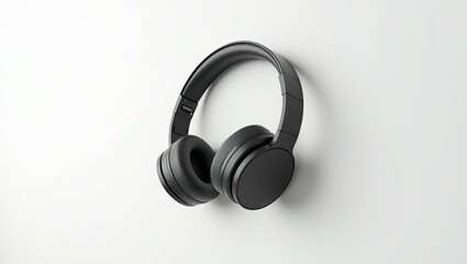 Black headphones on a white surface.