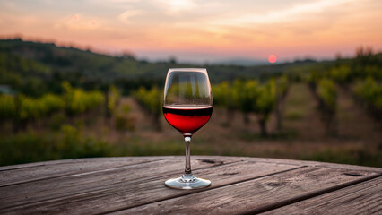 Evening vibes with red wine glass on outdoor table, soft golden light over vineyard hills and countryside view 4k image