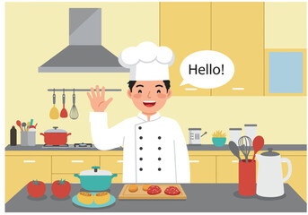 Cheerful Chef Waving Hello in a Bright Kitchen Setting