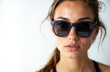Woman wearing stylish sunglasses with a confident expression and natural makeup
