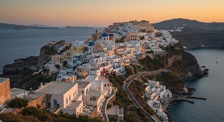 Naklejka premium Santorini Sunset: Aegean Jewel at Golden Hour