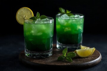 Fototapeta premium Two refreshing green cocktails garnished with mint and lemon slices on a wooden board with a dark background